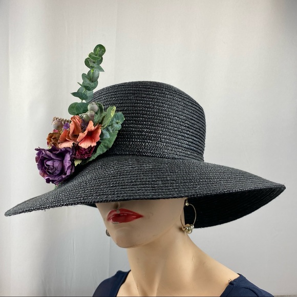 Fancy Black Wide Brim Hat 🎩 For the Races Saratoga Belmont Kentucky Derby - Picture 1 of 7